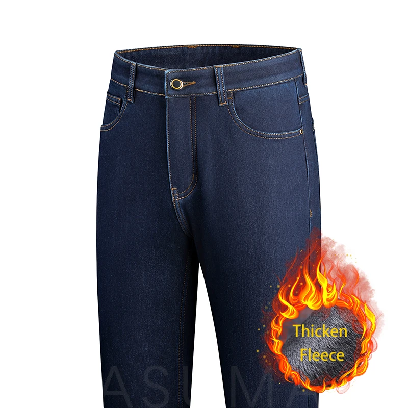 TFETTERS Merk losse elegante jeans heren fleece 2025, wintermode donkerblauw rechte zakelijke denim man gewatteerde broek