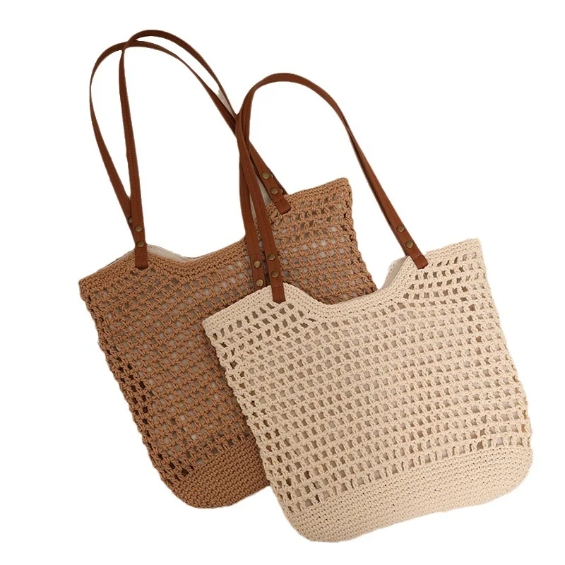 Straw bag casual, hollow shoulder, cotton thread woven bag, small, lazy hand, seaside vacation beach bag. Premium cotton