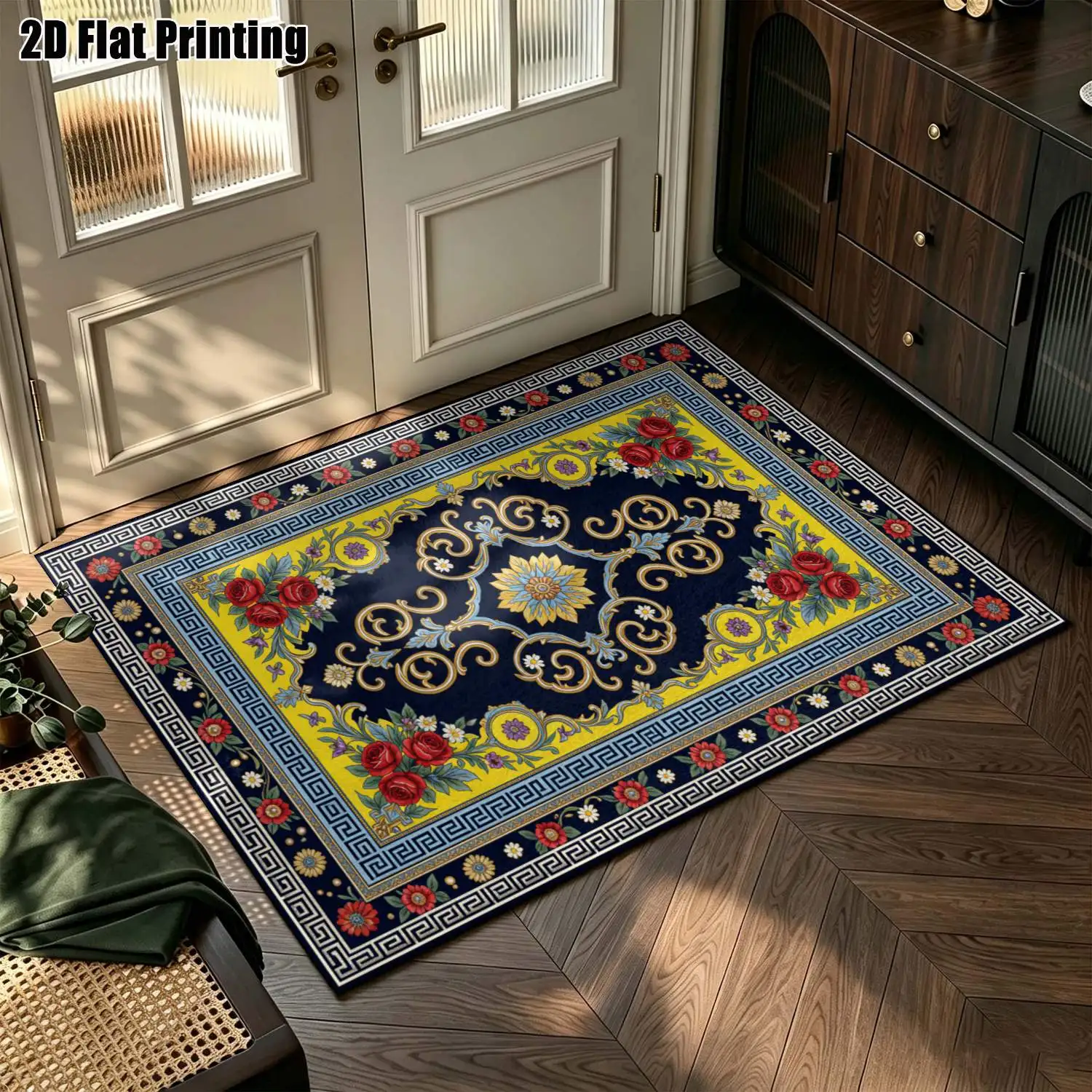 1Pc 2D Printed Carpet: Yellow Black Floral Scroll Patterns, European Retro Light Luxury Home Decor, Multi-Size, Machine Washable, Suitable for Entrance/Dining Room/Foyer/Study/Bedroom/Living Room