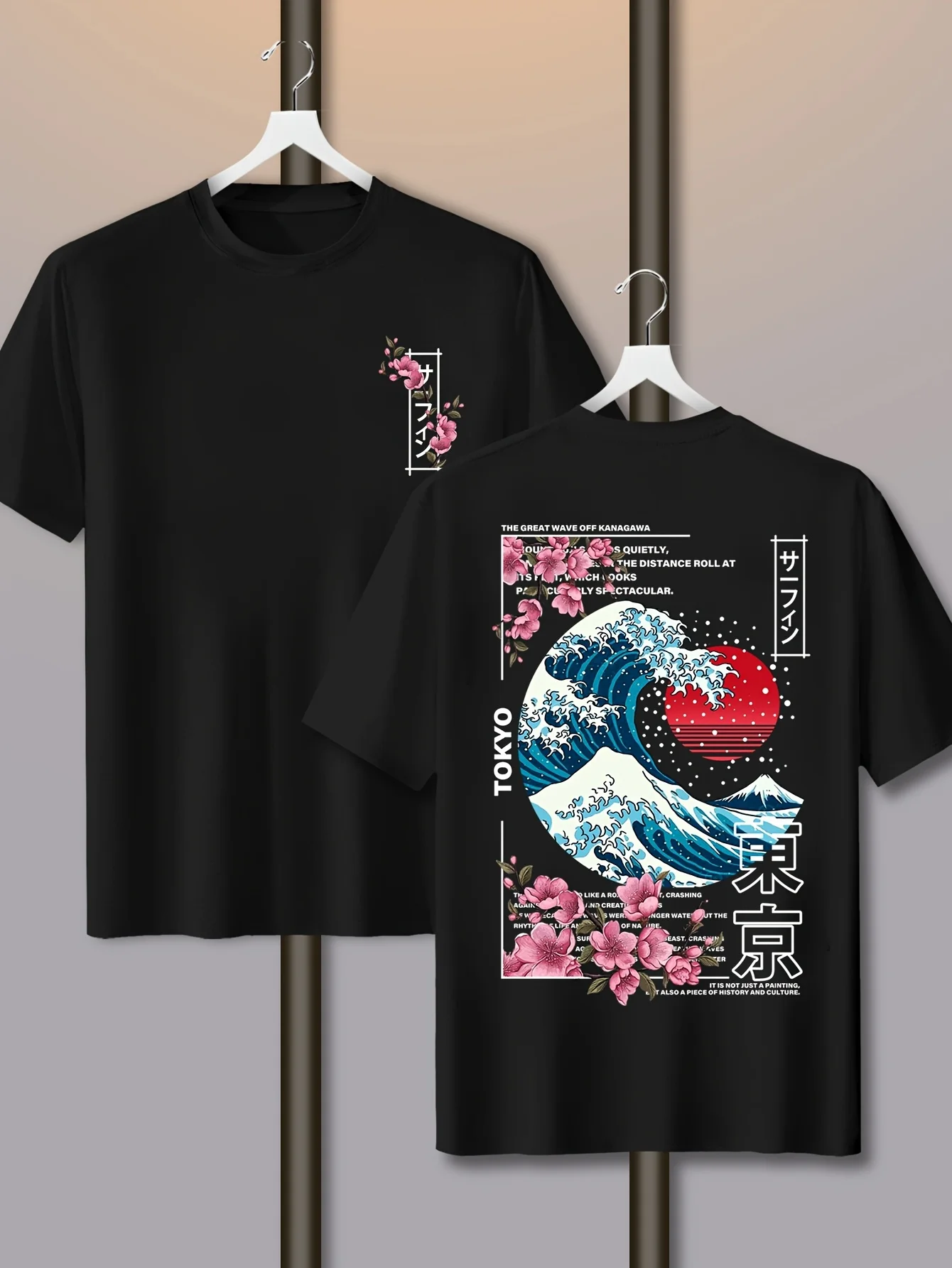 Camiseta informal de algodón 100% con estampado de ondas de puesta de sol de la isla de Tokio para hombre, camiseta de manga corta transpirable de verano, tendencia urbana, holgada y cómoda