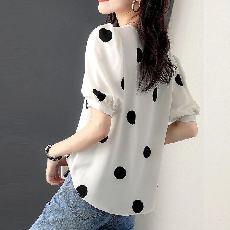 Women\'s Summer Fashion Elegant V Neck Polka Dot Print Short Sleeve Shirt Casual Sweet Cute Chic Blouse Tops Female Clothing 2022