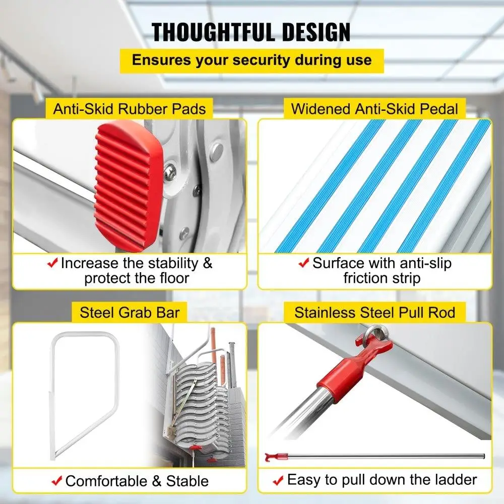 접이식 벽걸이형 12단 계단, 팔걸이 포함, 높이 98인치까지 적합, 흰색