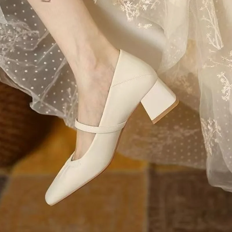 المرأة موضة مضخات ربيع الخريف جديد ماري جين المرأة ساحة تو الضحلة حذا فردي للسيدات فستان جلد حفلة حذاء بكعب سميك الأحذية