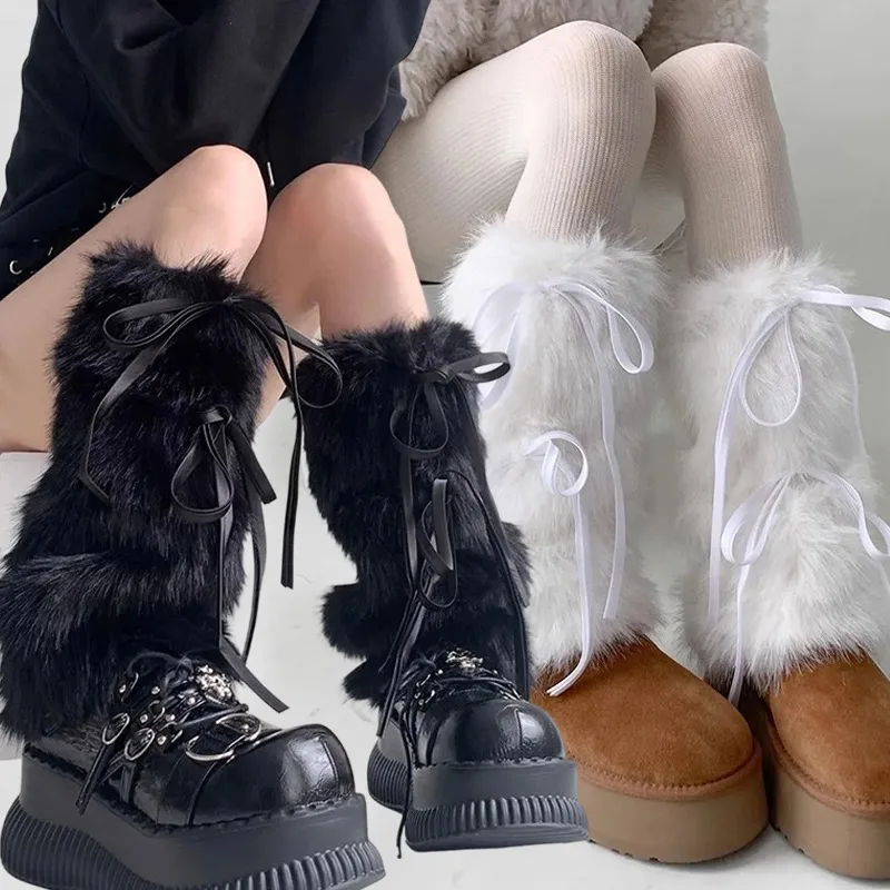 

2025 JK Boot Cuffs для девочек, гетры для женщин, зимние теплые Harajuku, милая лента с бантом, пушистый плюшевый толстый чехол для ботинок, длинные чулки