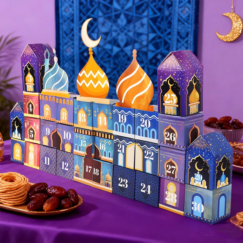 30 pièces EID boîte-cadeau Ramadan calendrier de l'avent bonbons Cookie boîte d'emballage avec numéro autocollants mosquée château conception sac de fête musulmane