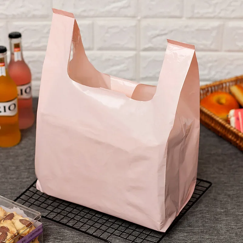 50Pcs Solid Color Thicken Plastic BagTakeaway Dessert Supermarket Grocery Shopping Plastic Bags with Handle Food Packaging Bag