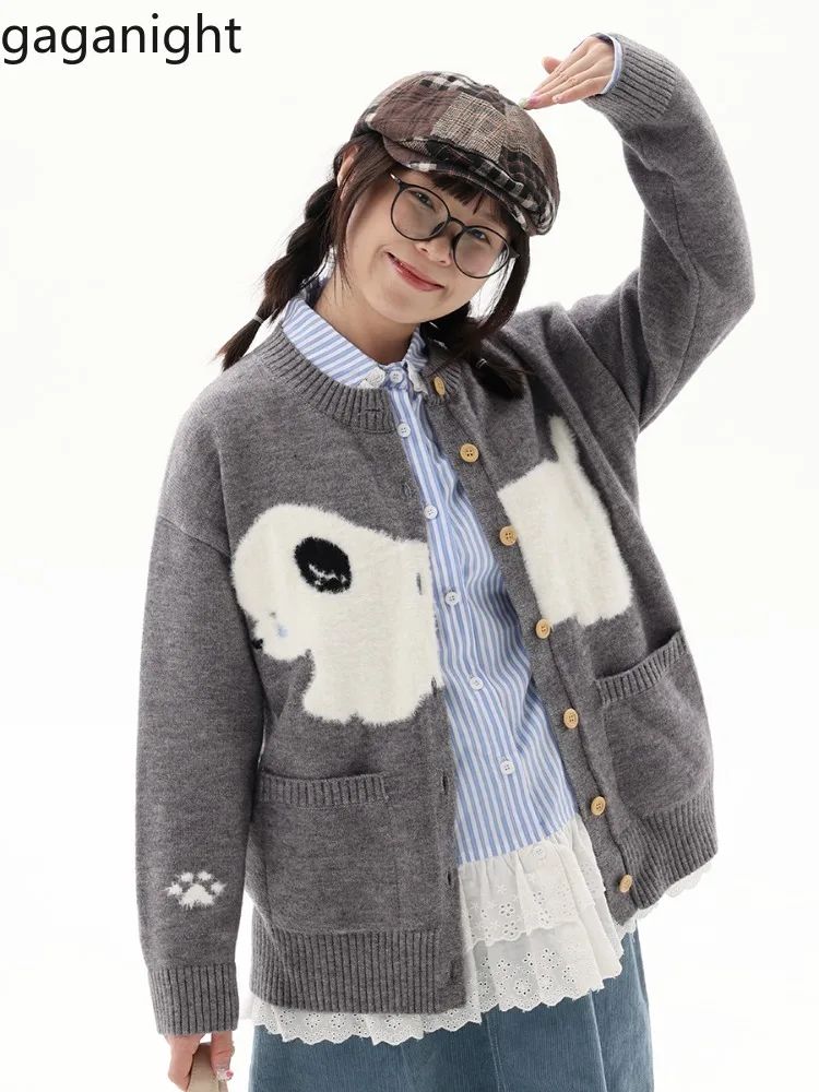

Gaganight Knitted Cardigan Women Cartoon Dog Sweet O Neck Autumn Winter 2025 Outwear Loose Pockets Sweater Female Casual