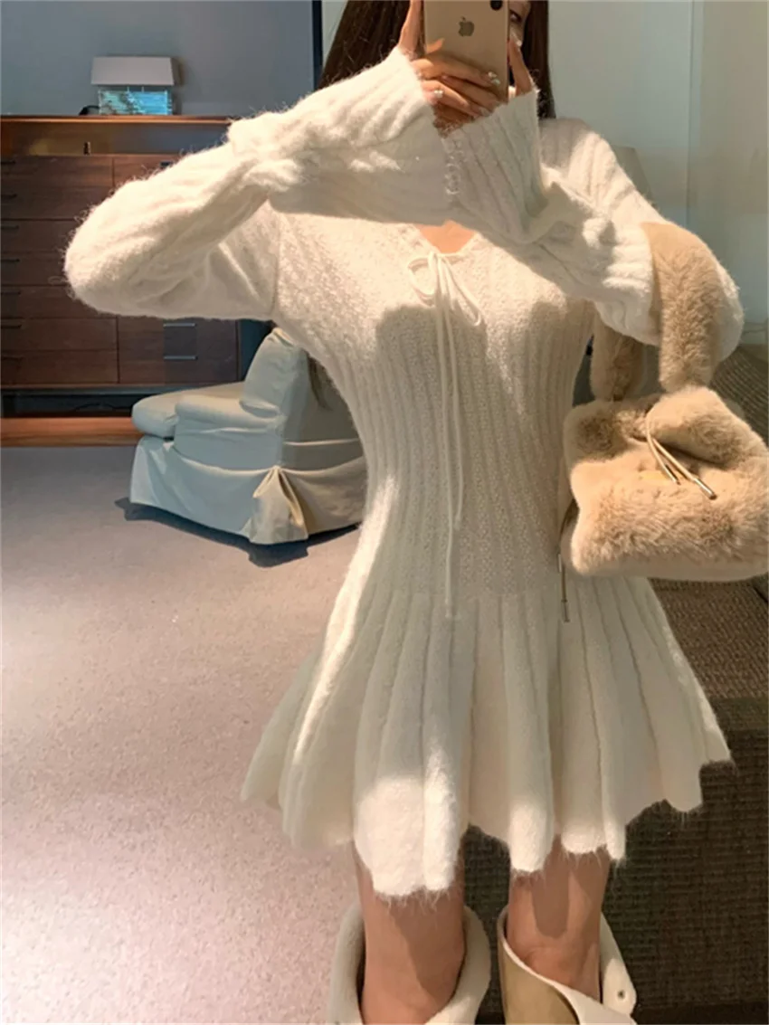 Alien Kitty Sexy Sweaters Pleated Dress Women Slim V-Neck Chic Daily Elegant Knitted Gentle Spring Knitted High Street New