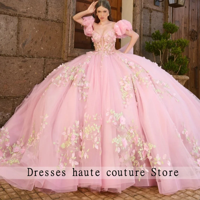 

Розовые платья Quinceanera с открытыми плечами, аппликация, цветок, бисер, хрустальный бант, тюлевое платье для вечеринки, дня рождения, сладкое платье 16, Vestidos De 15