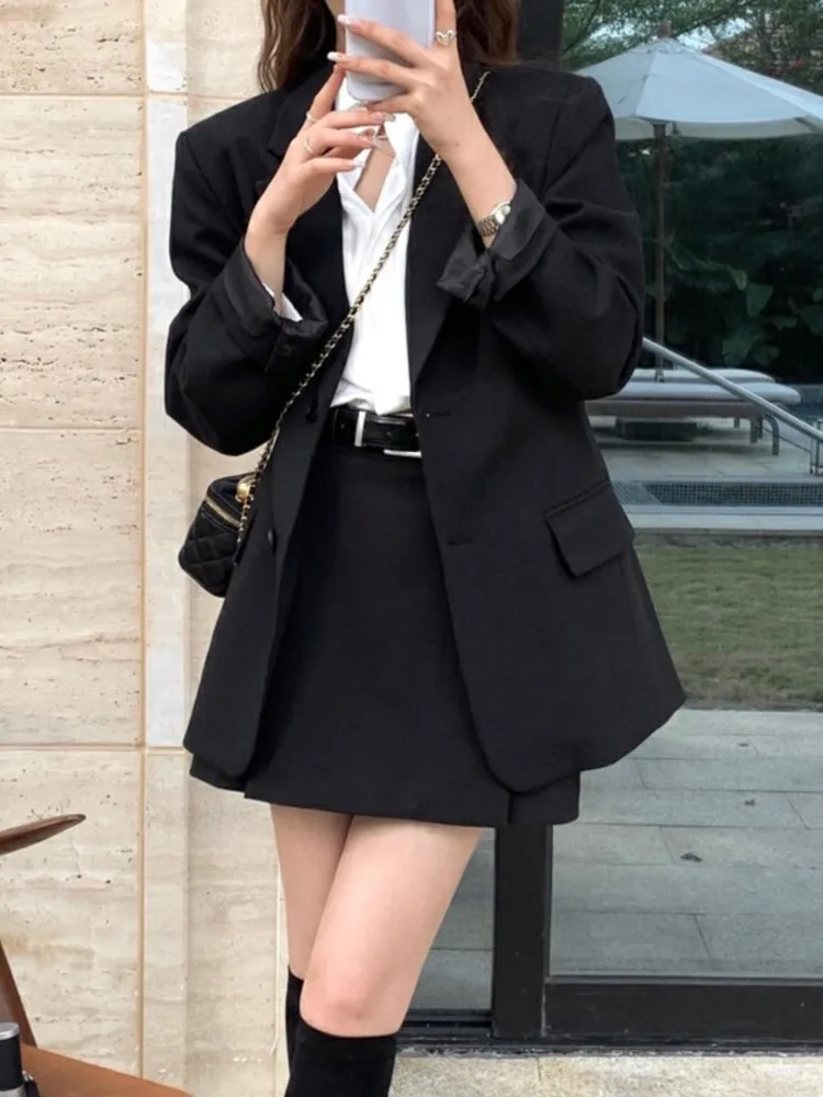 Korean Fashion Women Vintage Chic Blazer Two Pieces Set Casual Loose Jackets Coat Mini Skirts Suit Female Elegant Formal Outfits