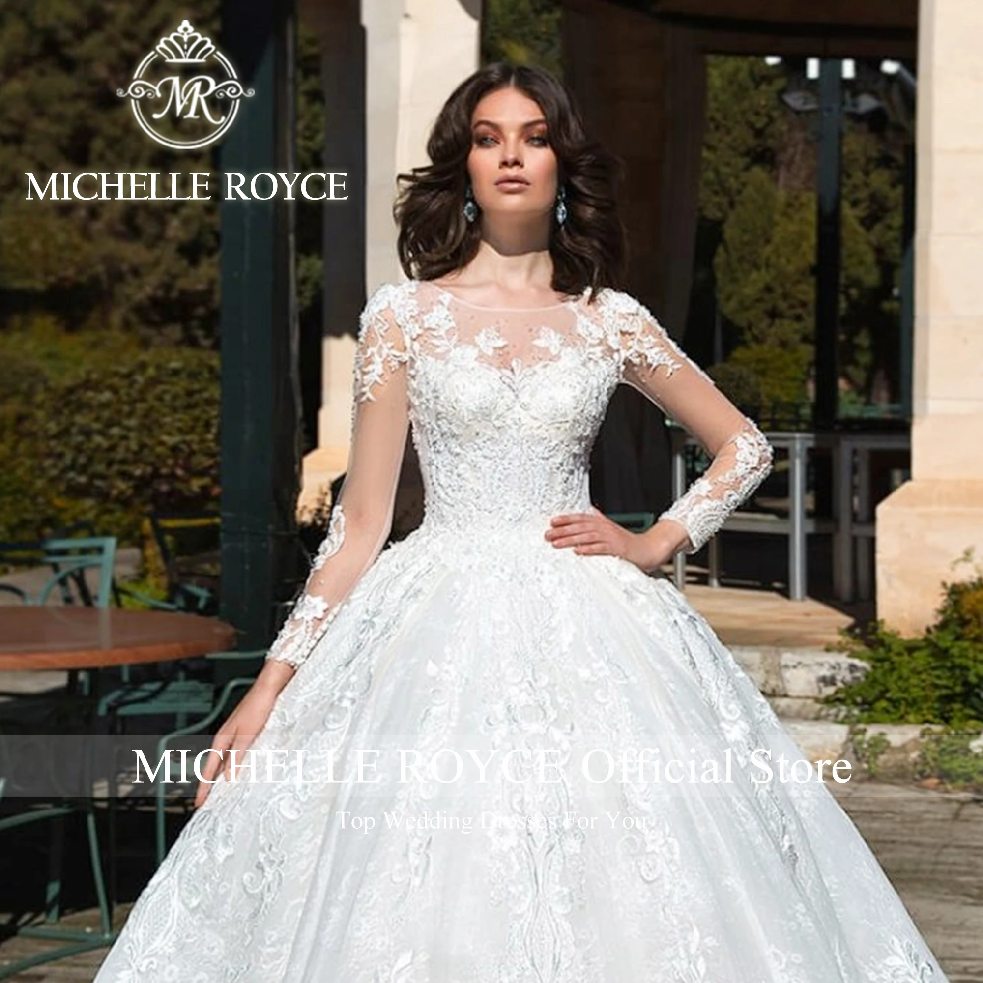 Michelle Royce Luxury Ball Gown Wedding Dresses For Women 2024 Long Sleeve Appliques Scoop Wedding Gown Vestidos De Novia