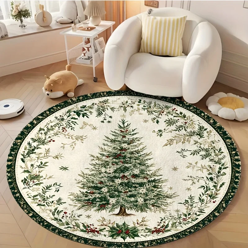 1pc Festive Christmas Tree Pattern Round Rug, Non-slip Floor Mat for Living Room, Bedroom, Bathroom, Holiday Home Decoration