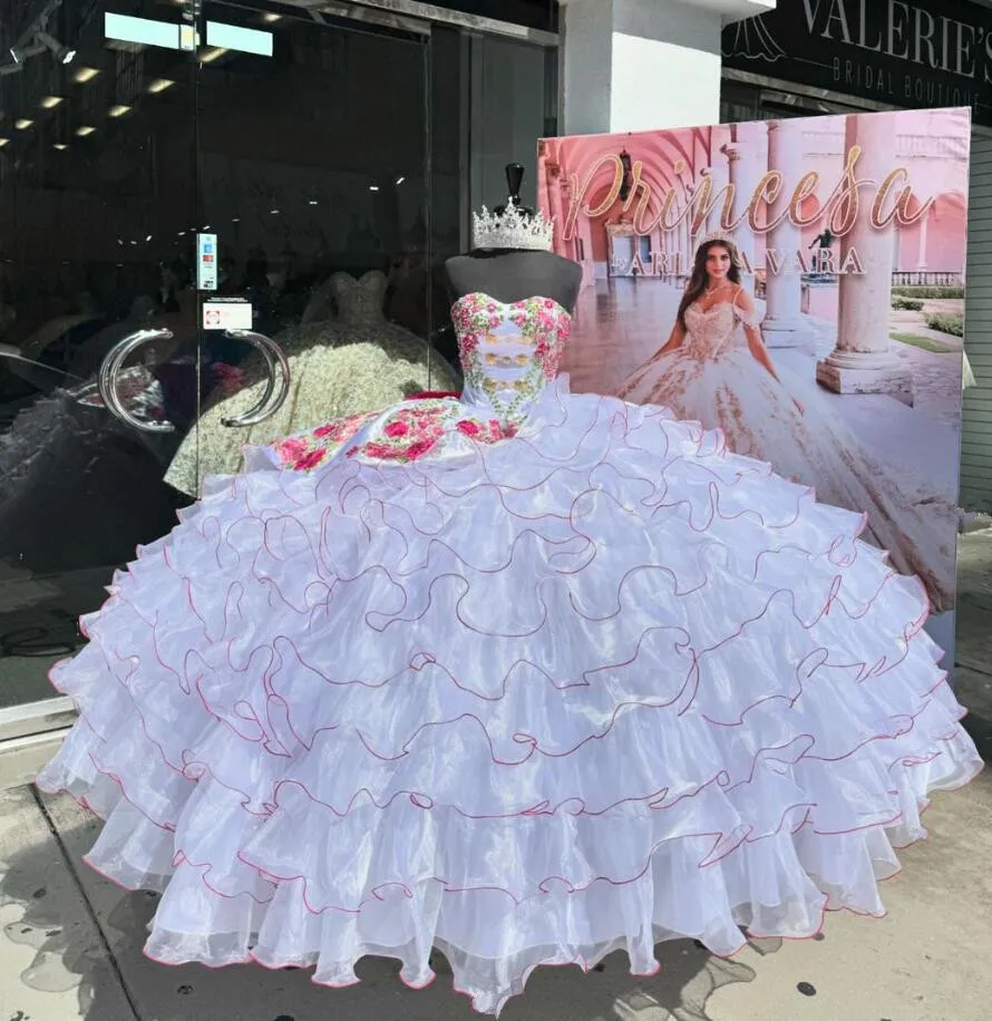 White Princess Mexican Charro Quinceanera Dresses Pink Floral Applique Ruffles Puffy Corset  vestido de 15 quinceañeras 2024