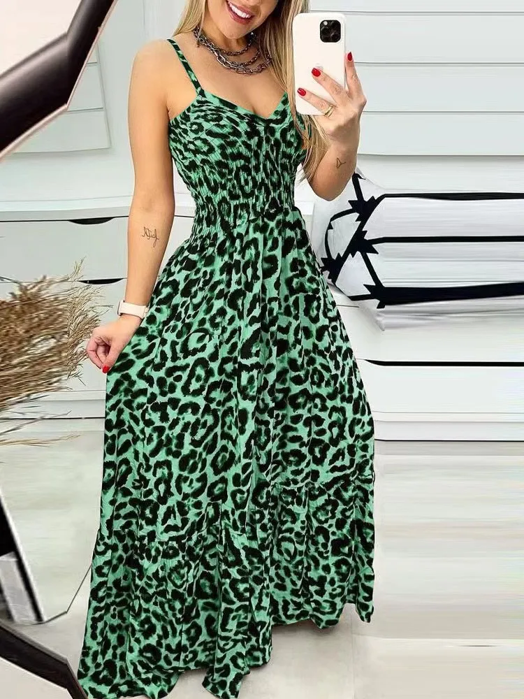 

Women's Summer New Fashion Leopard Pattern Sexy Sleeveless Strap V-neck Dress High Waist Skirt Long Skirt For Women