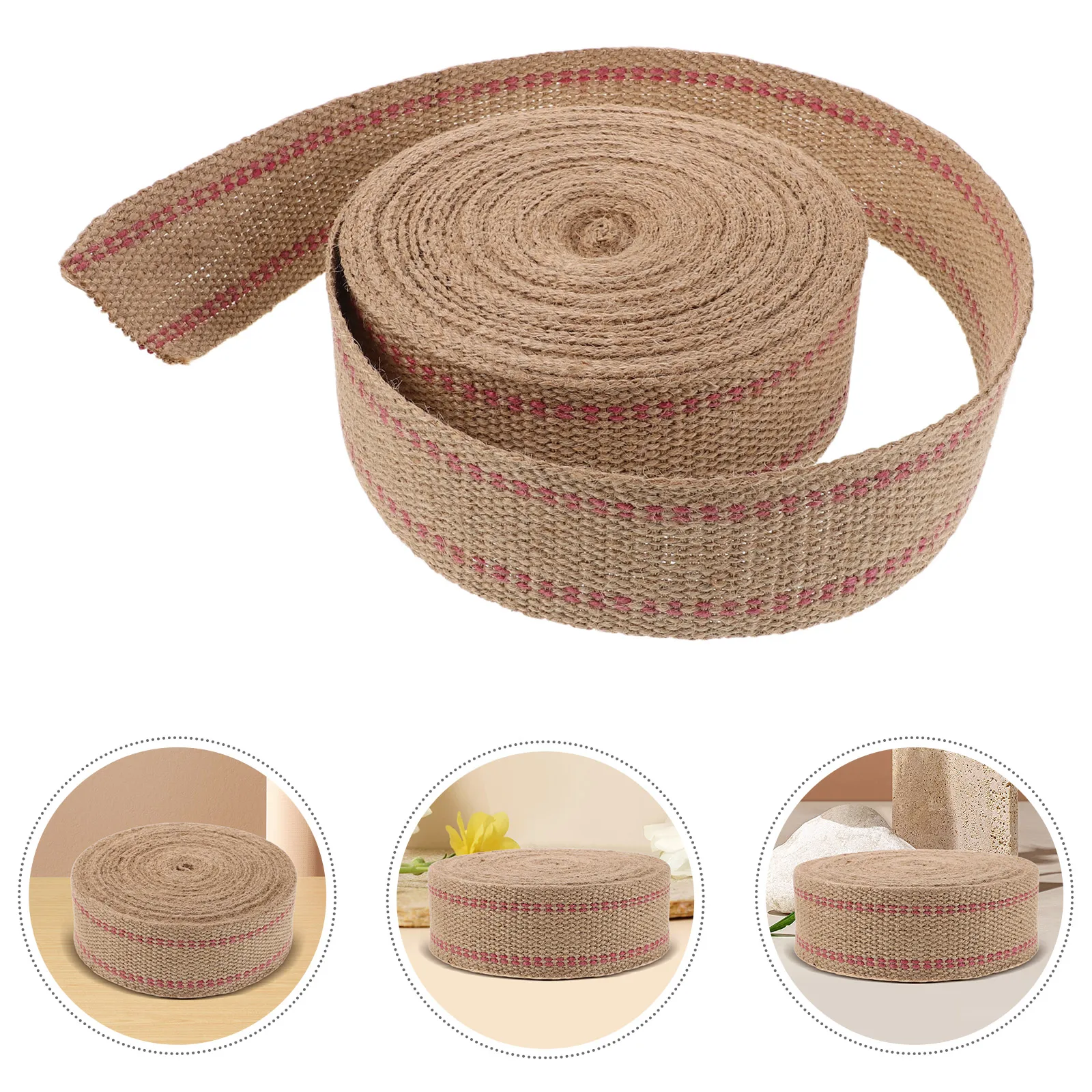 

15M 1 Roll Jute Webbing Tape Red Stripes Chair Repair Upholstery Ribbon Natural Burlap Craft Furniture Reinforcement Wide