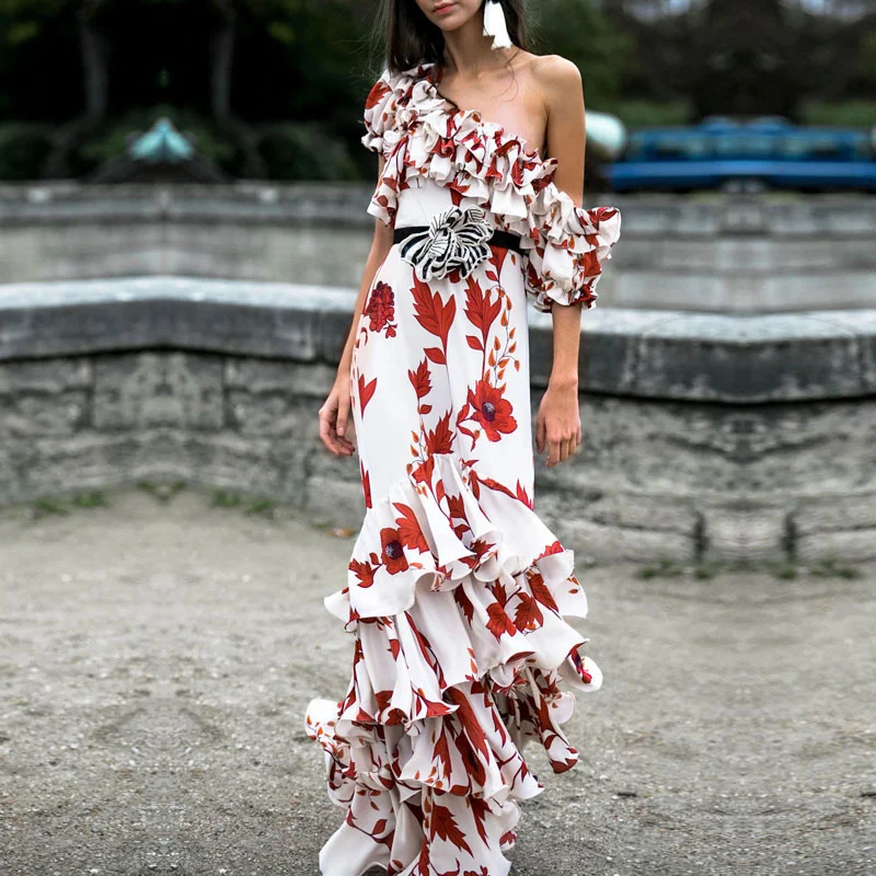 

HIGH STREET 2023 New Stylish Designer Women's Sexy Slash Neck Charming Floral Print Ruffles Cake Maxi Long Dress