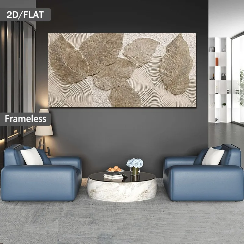 2D Flat Abstract Leaf Circle Canvas Wall Art Canvas Unframed Modern Beige Leaf Poster Neutral Beige