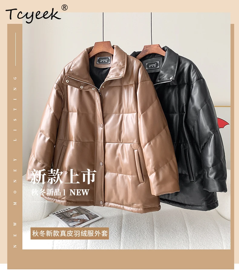 Tcyeek real pele de carneiro outono inverno alta pescoço mangas compridas preto engrossado comprimento médio feminino pato branco para baixo jaqueta veste femme