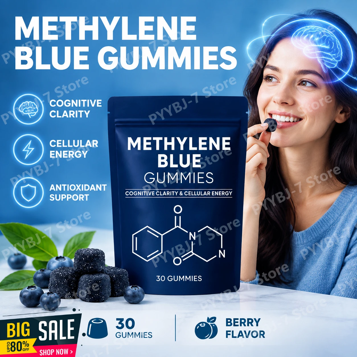 Methylene Blue Gummies with PQQ NAC Vitamin B2 & B3, Supports Cognitive Clarity & Cellular Energy Brain Nutrient for Adults 30Ct