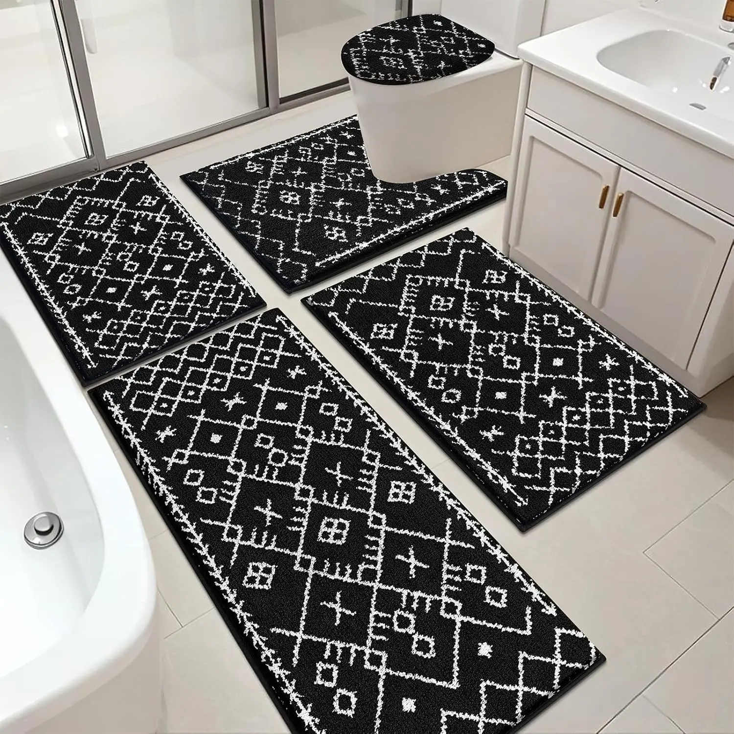 

5-Piece Bathroom Rug Set: Soft Absorbent Microfiber, Non-Slip Washable Mat with Toilet Cover, Runner & Contour Rug in Black