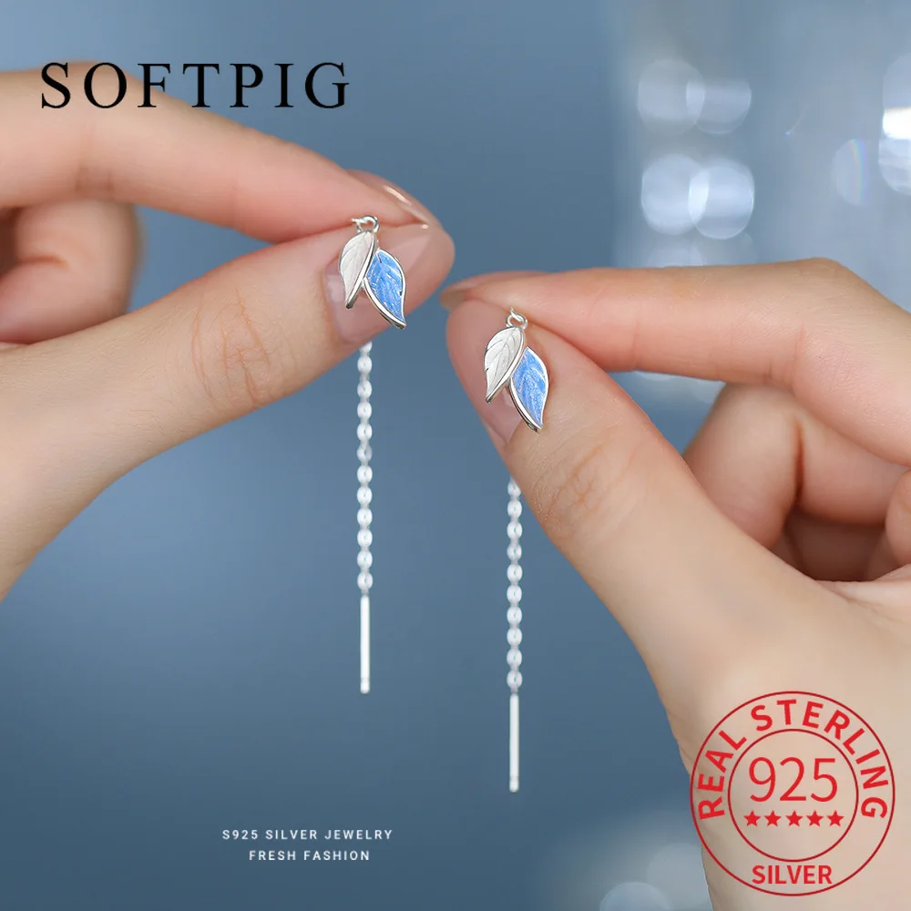 

SOFTPIG Real 925 Sterling Silver Enamel Leaf Chain Tassel Stud Earrings for Women Classic Fine Jewelry Light Luxury Accessories