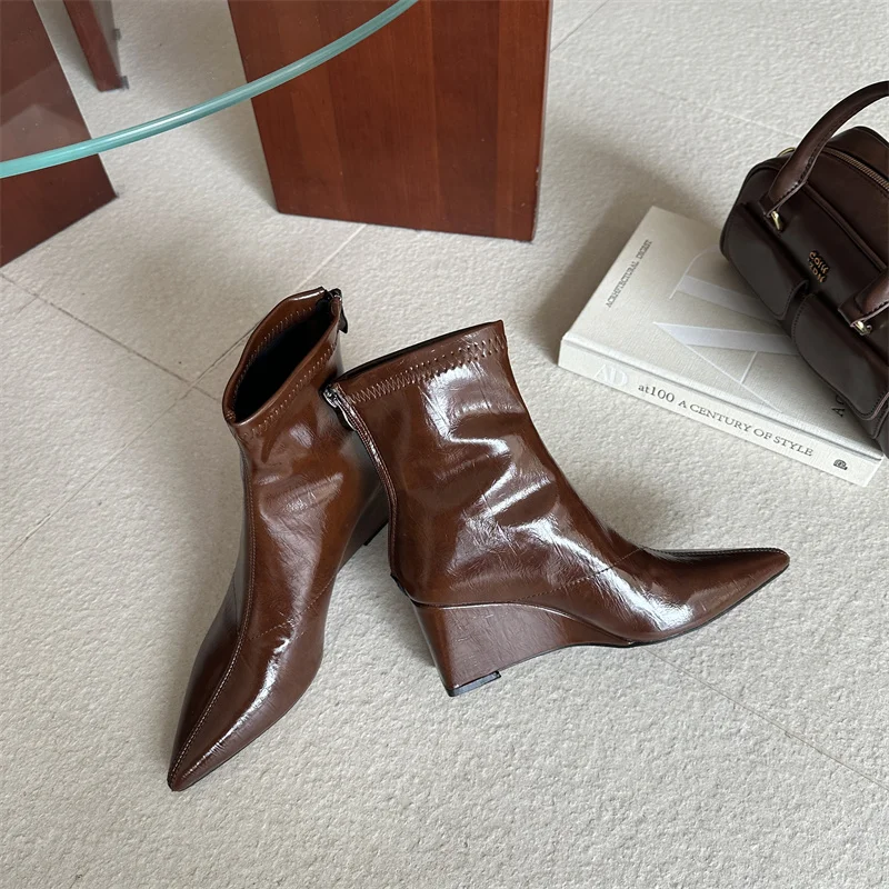 

leather Ankle Boots Woman Elevator Shoes Zip Pointed toe Modern Boot Ladies Autumn Winter high Heels Wedges Fashion Pump sexy