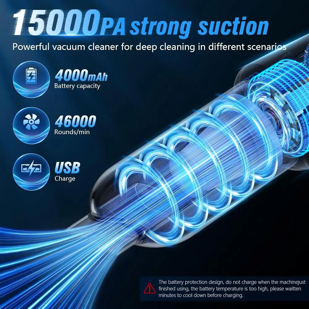 15000 Pa draadloze nat-/droogstofzuiger, 120 W vermogen, wasbaar HEPA-filter, multitool voor auto, huisdier, thuis, op kantoor