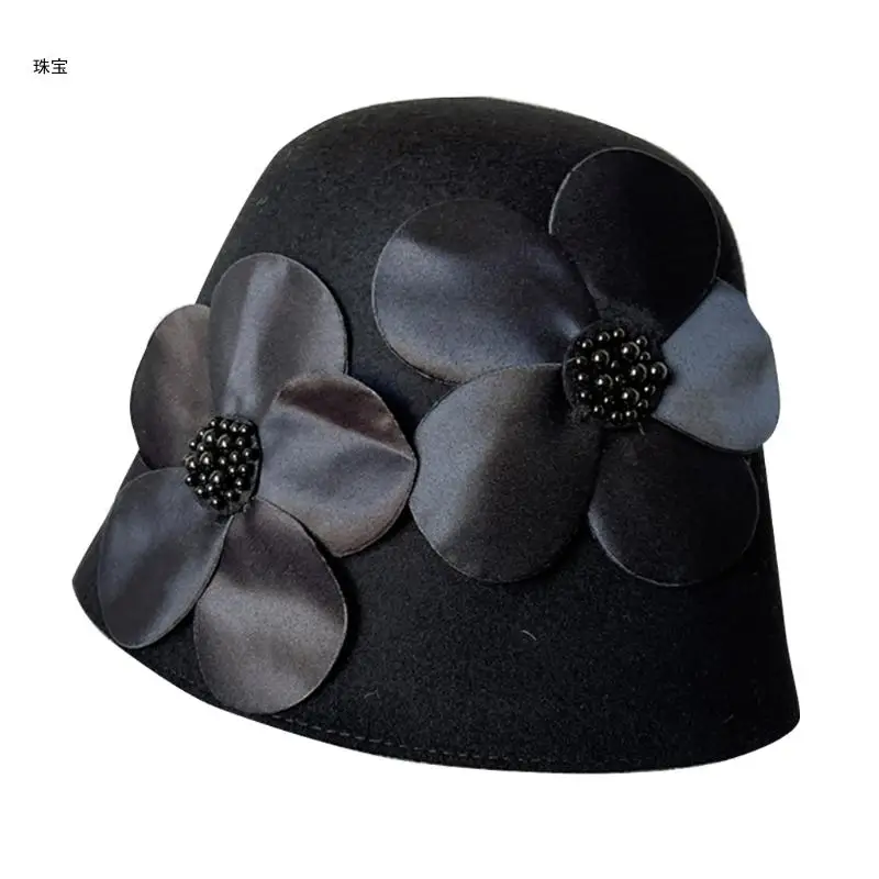 

X5QE All-match Basin Hat Wool Felt Black Flower Fisherman Hat Warm Winter Bucket Gift for Female Couples Girlfriend