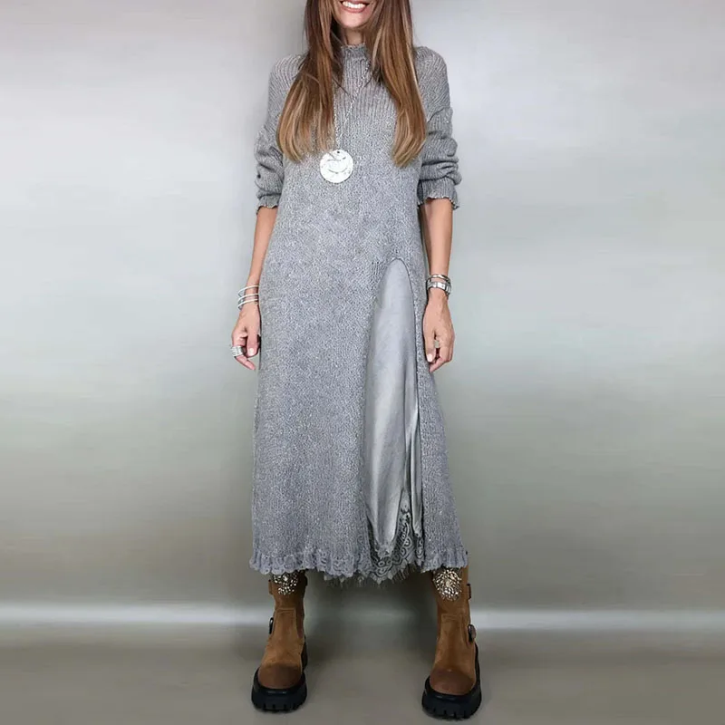 Sexy V-ausschnitt Spleißen Spitze Ärmelloses Kleid Anzug Frau O Neck Split Lange Top Pullover Outfit Herbst Winter Solide Stricken Pullover Set