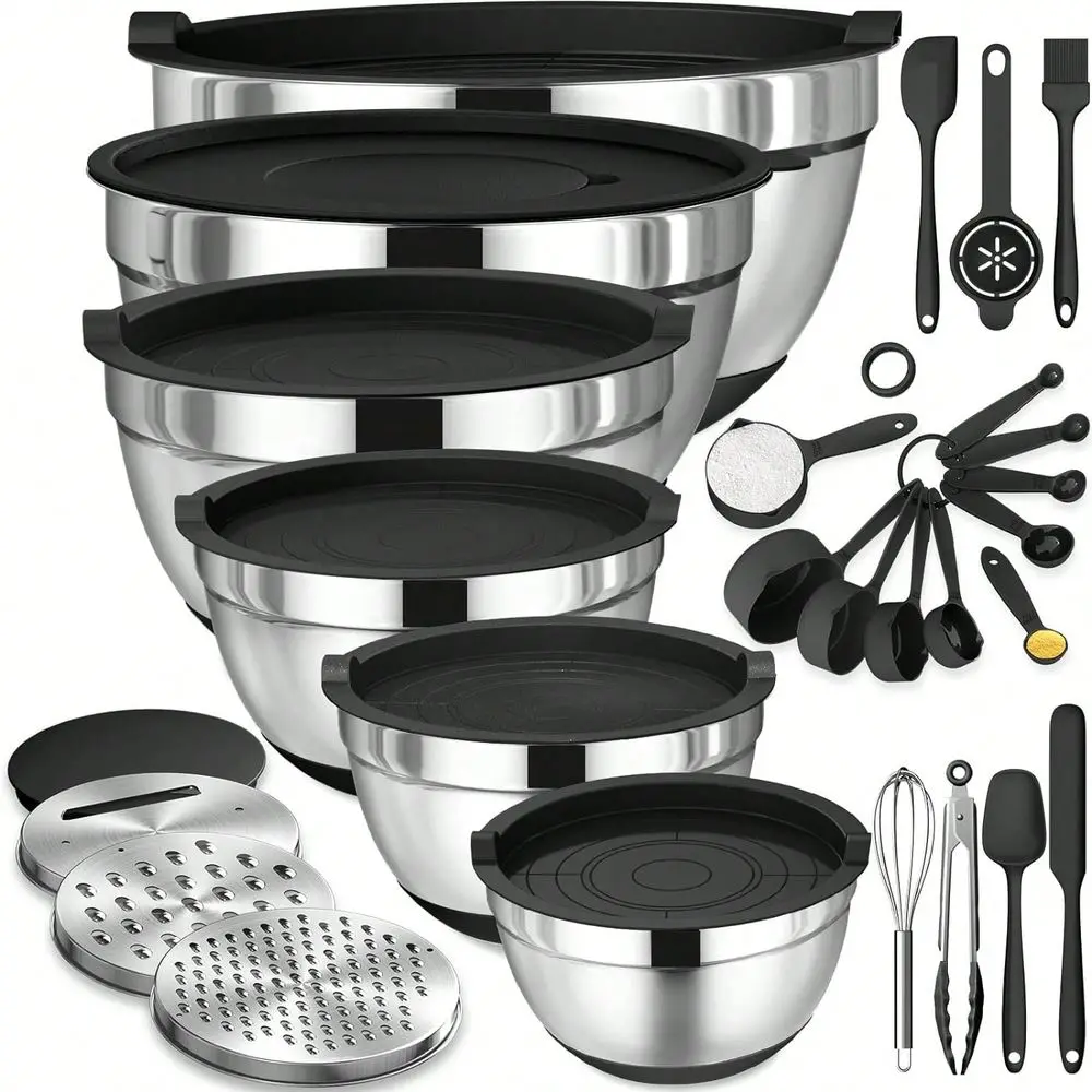 

26PCS Mixing 304 Stainless Steel Bowls With Airtight Lids Set, Stainless Steel Khaki Bowls With Grater Attachments, NonSlip Bot