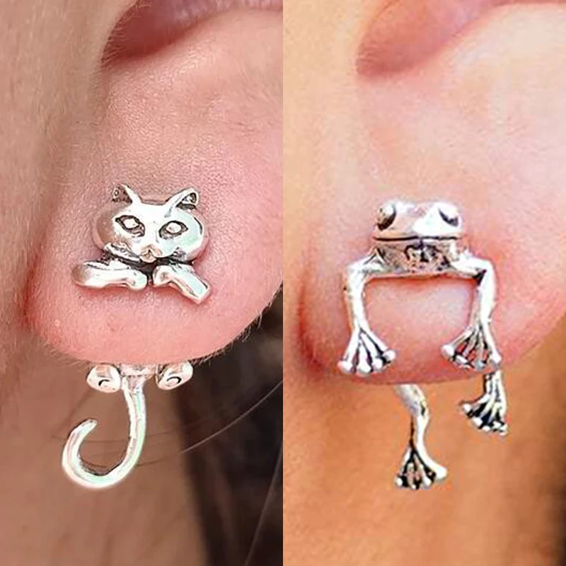 1Pair Cute Cat Frog Earrings for Women Men Funny Animal Stud Earrings Statement Earring Tibetan silver Ear Piercing Jewelry Gift