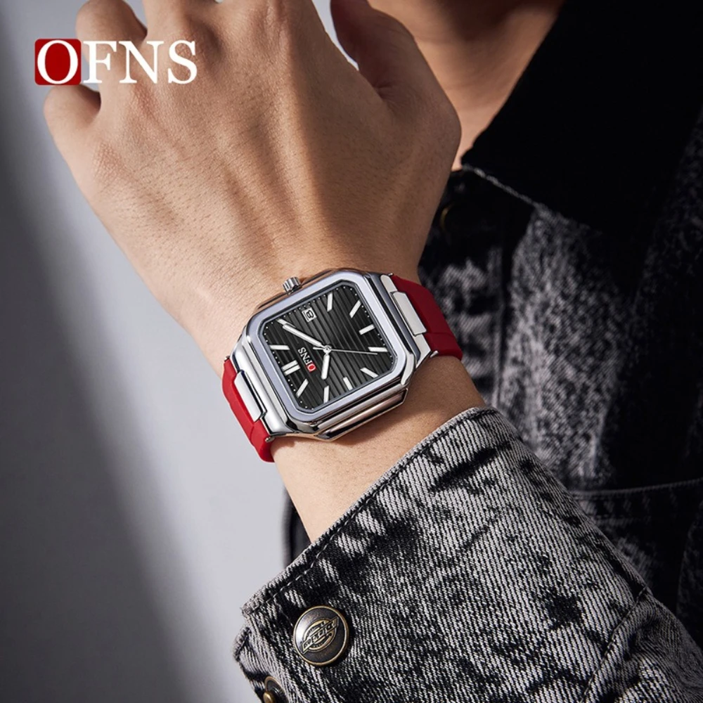OFNS 1650 موضة الترفيه ساعة كوارتز الرياضة سيليكون حزام التقويم مضيئة مقاوم للماء ساعات مربعة للرجال Reloj Hombre #2
