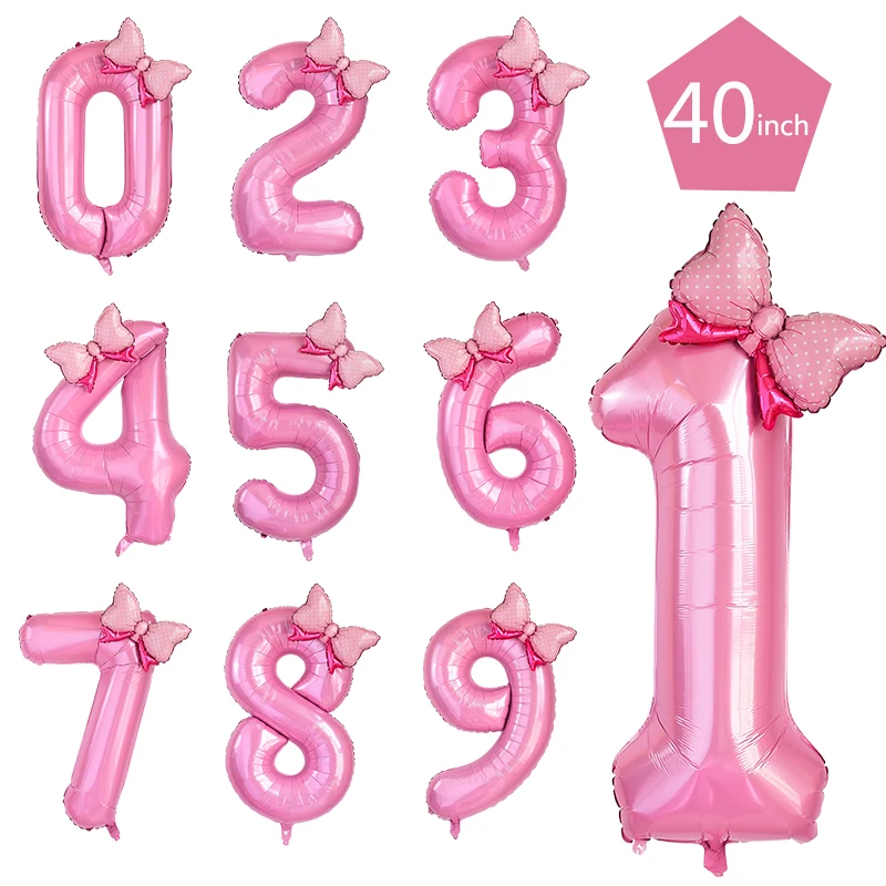 40inch Pink Bownot Balloons Number Foil Balloon 1 2 3 4 5 6 7 8 9 Years Old Kid Girls Happy Birthday Balloon Baby Shower Decor