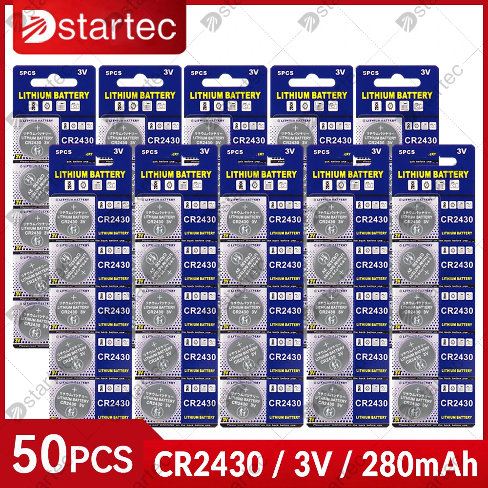 50PCS CR2430 3V Lithium Battery 280mAh DL2430 BL2430 BR 2430 For Watch Toys Car Remote Control Scale Clock Button Coin Cells