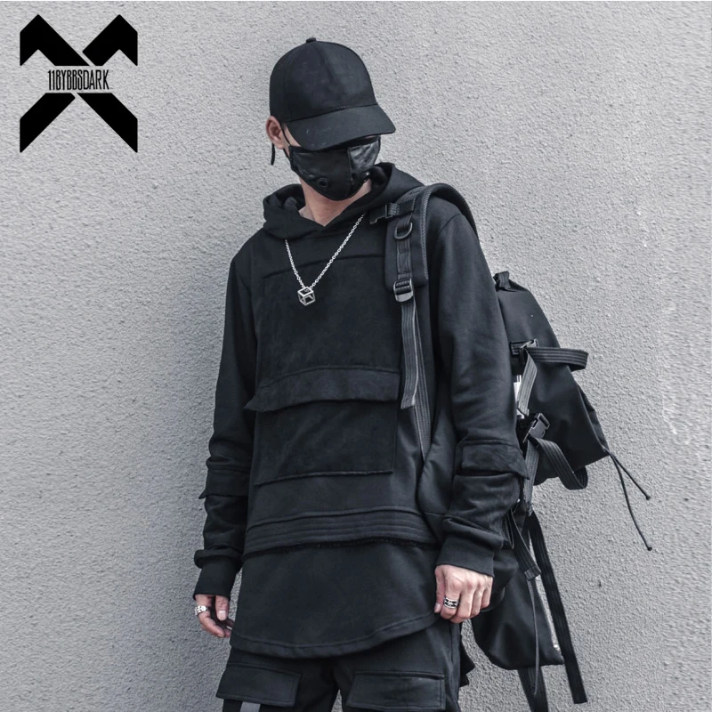 Harajuku Hoodie for Men Patchwork Design Black Sweatshirt Slim 2022 Autumn Dark Cotton Pullover Streetwear Men Clothing