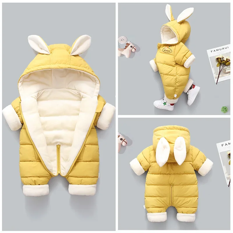 

OLEKID 2025 Winter Baby Romper Plus Velvet Warm Baby Girl Snowsuit Cartoon Rabbit Baby Boys Jumpsuit Toddler Girl Overalls