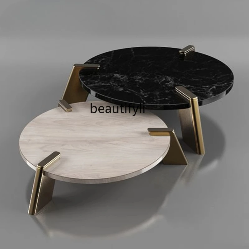

Nordic living room personalized metal stainless steel round solid wood countertop coffee table simple modern marble tea table
