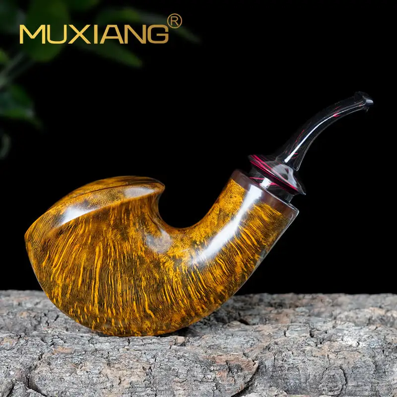MUXIANG Handmade Briar Tobacco Pipe Contrast Smooth Surface Natural Horn Ferrule Classic Cumberland Stem Cooling Chamber Design