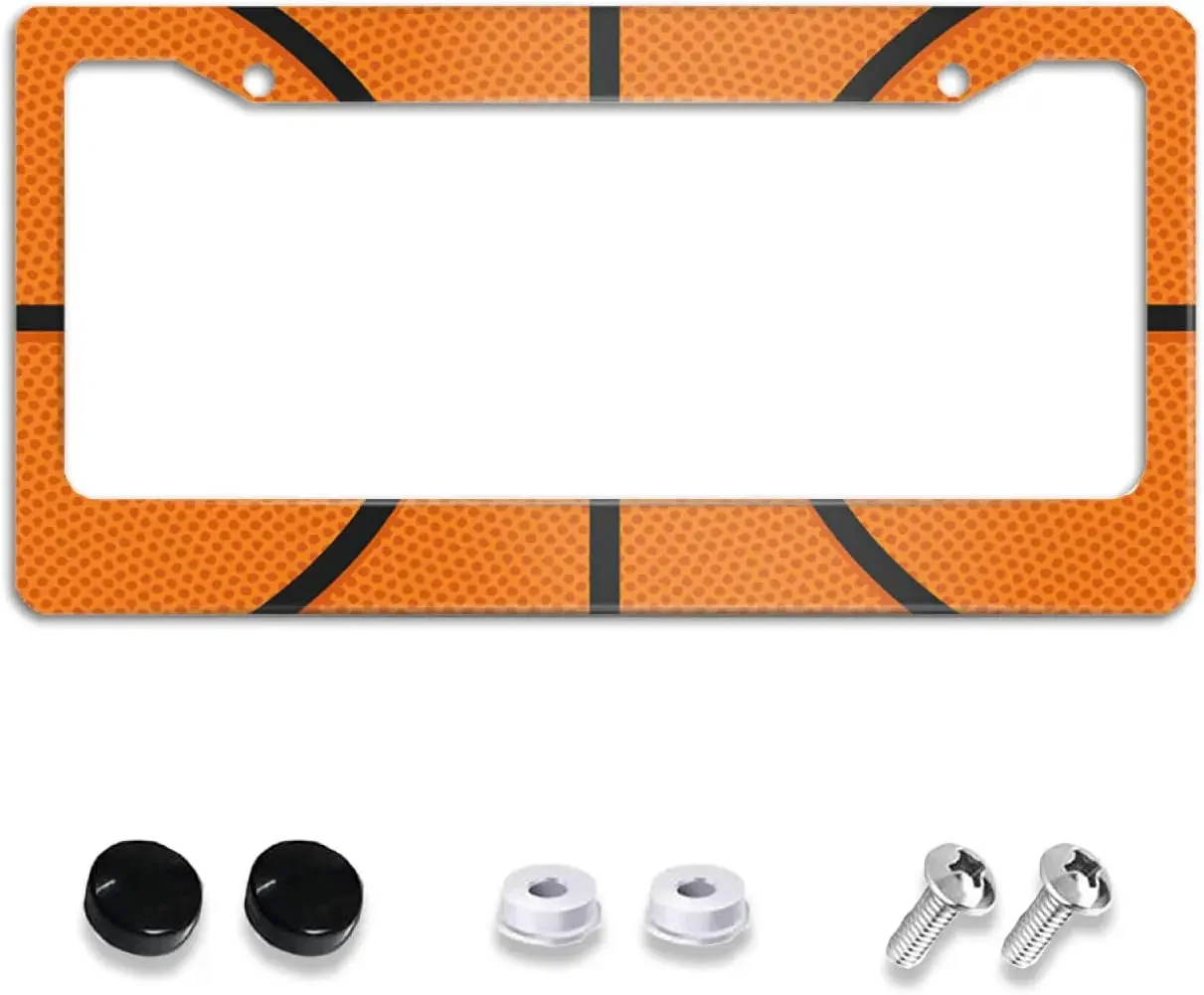 Basketball Texture License Plate Frame Car Tag Holder US Standard 2 Holes License Plate Covers with Screw Caps for Men Women