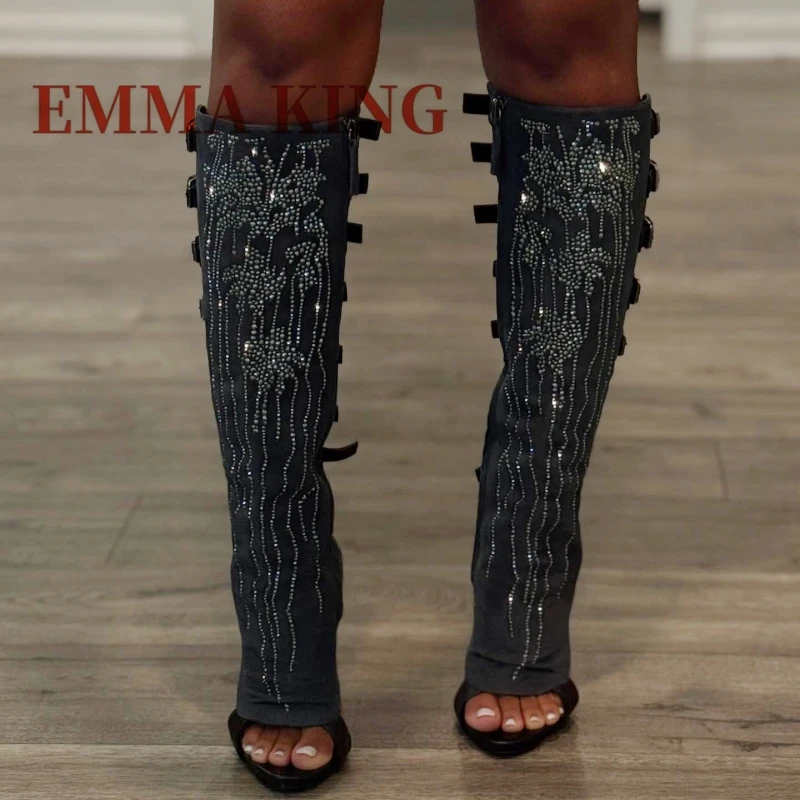 المرأة حجر الراين المفتوحة تو أحذية عالية في الركبة الصيف خنجر الكعوب حزام مشبك أحذية مثير المنصة حفلة صنادل عالية الكعب الأحذية