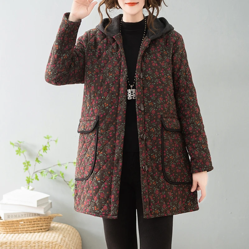 Middle-aged Women Down Cotton Jacket Autumn Winter floral cotton cloth Warm Plus Velvet Coat Old People Hooded Outerwear