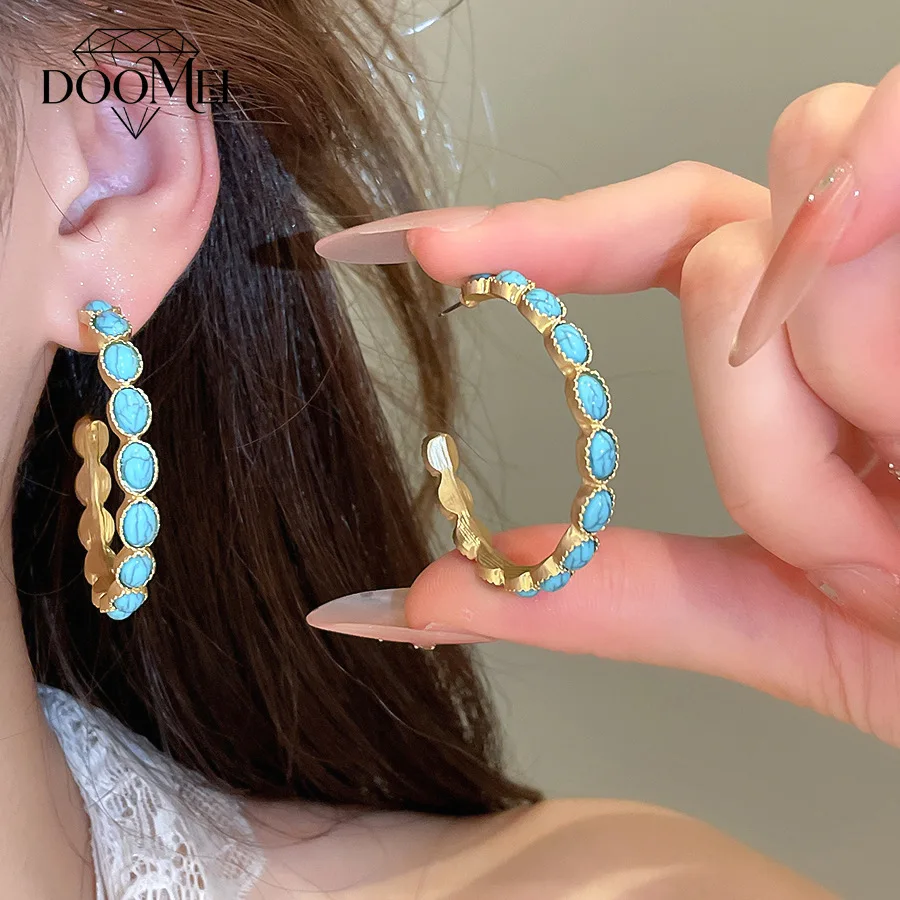 DOO MEI Vintage C-shaped Earrings Sense of Advanced Turquoise Stud Earrings New in Earrings for Women Commuter Anniversary Wear