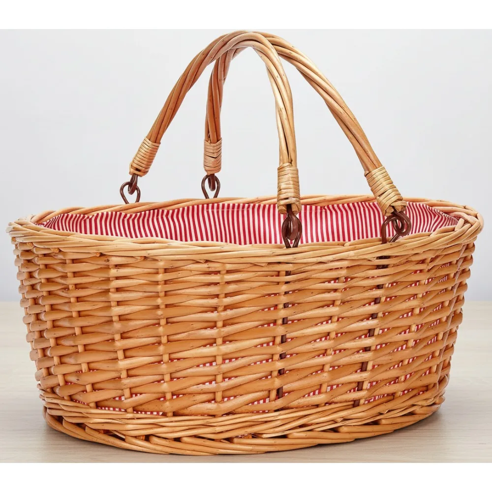 Cesta de picnic grande de sauce natural con asas plegables - Almacenamiento de Pascua, regalo de boda, decoración del hogar (16 pulgadas)