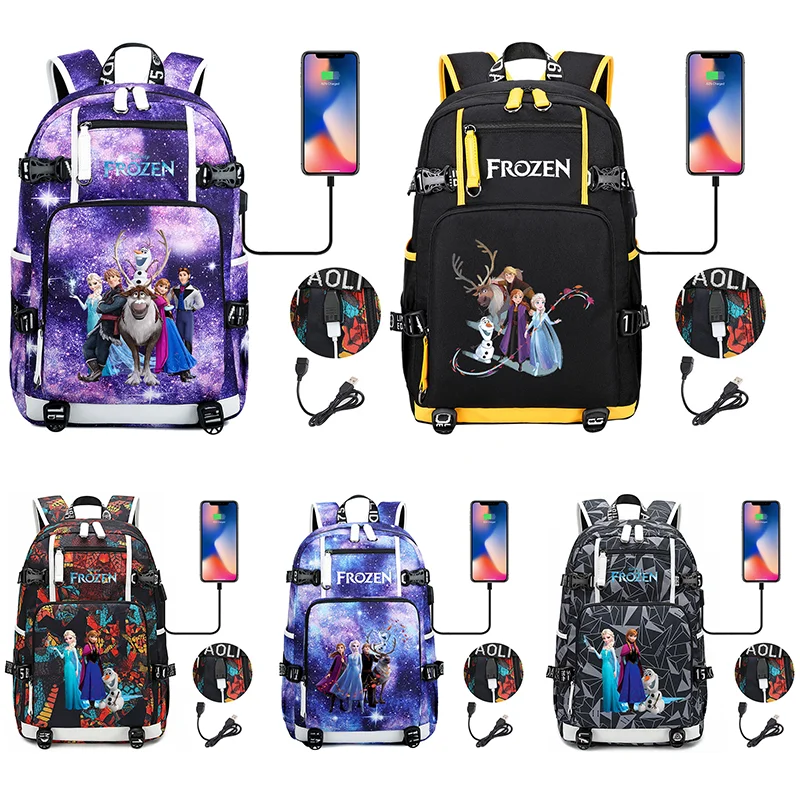 

Fashion Frozen Elsa Anna Multifuction Boys Students Schoolbag Large Capacity Laptop Bag Waterproof USB Charging Backpack