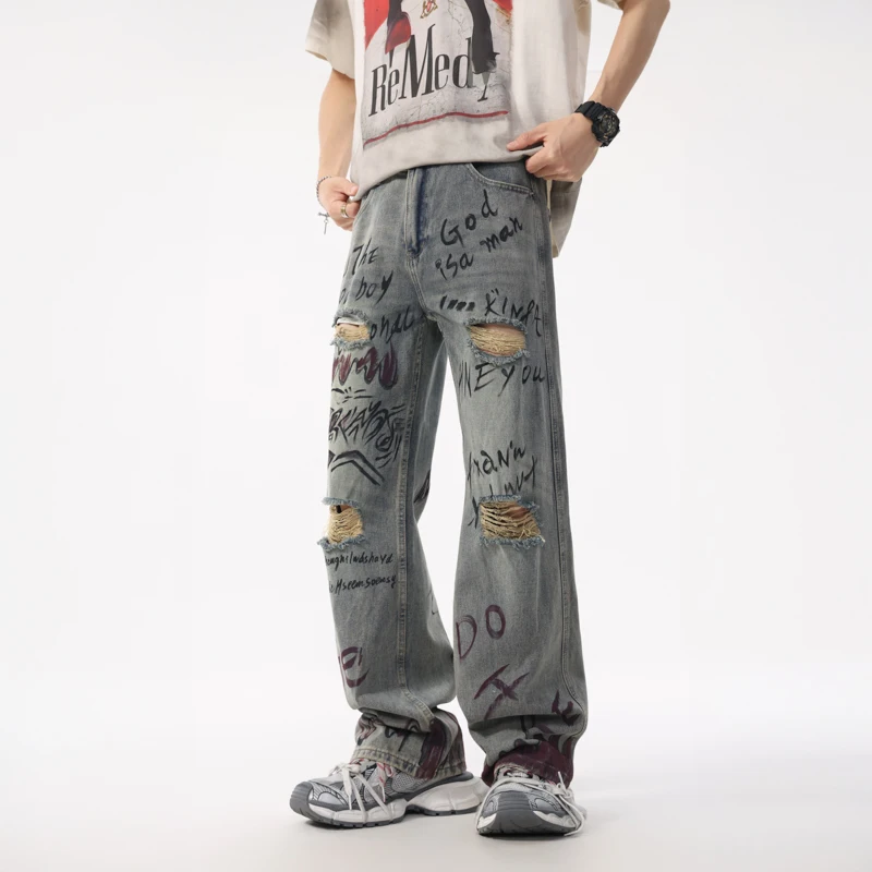 

XL8877 Summer tide jeans loose graffiti straight trousers high street retro washed hole trend leisure