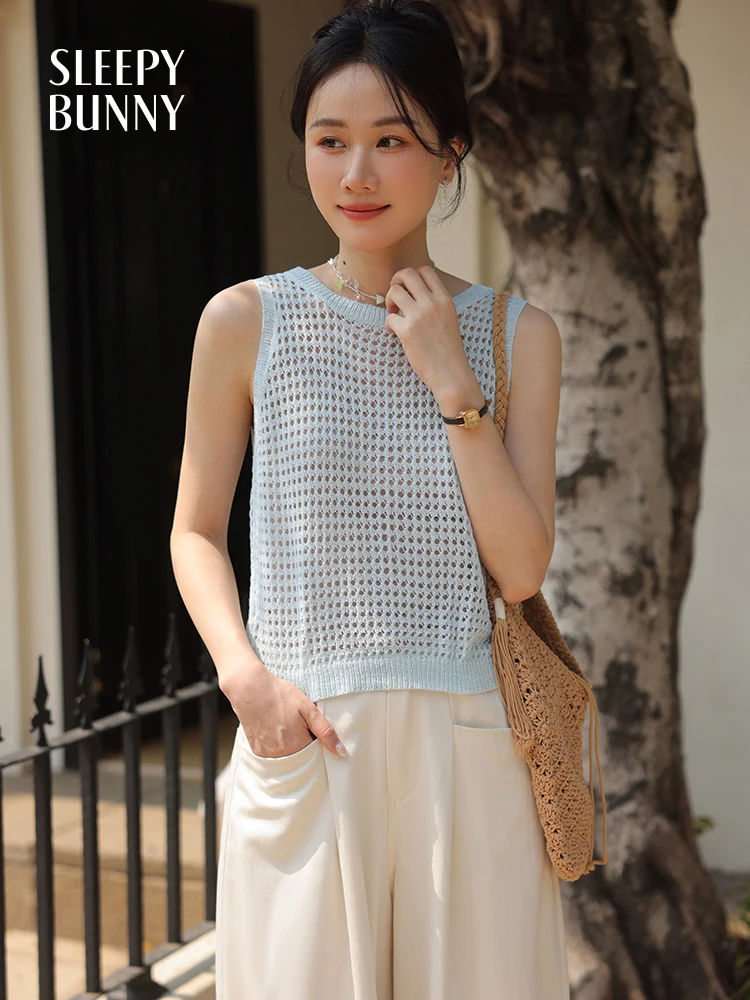 Summer Hollow Out Mesh Tank Top Women Round Neck Sleeveless Knit Vest Slim Fit Layered Camisole  Casual Lightweight Design