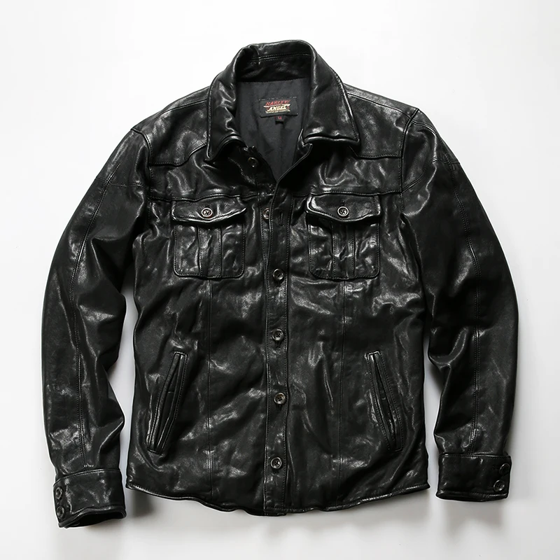 New genuine leather shirt for men washed pleated all plant-tanned sheep coat Real leather jacket