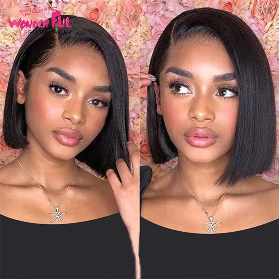 Wonderful Brazilian Remy Hair 1B# Straight Short Bob Human Hair Wigs 99J# Red  Side Part Lace  Wig For Black Women