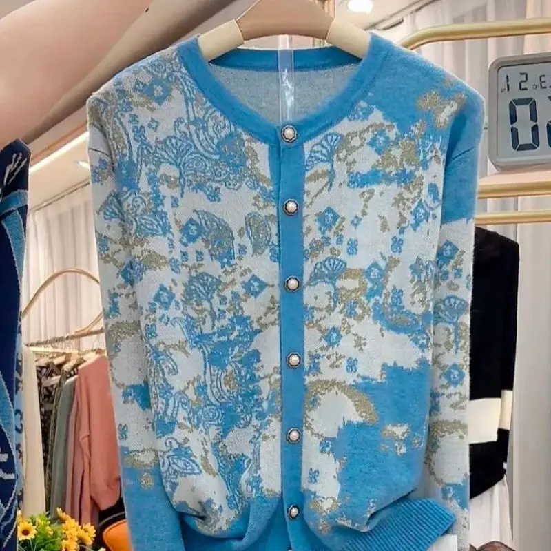 2025 New Spring Autumn Tie Dye Jacquard Sweater Women Chinese Style Fashion Long Knit Outwear Loose Button Jumper Coat