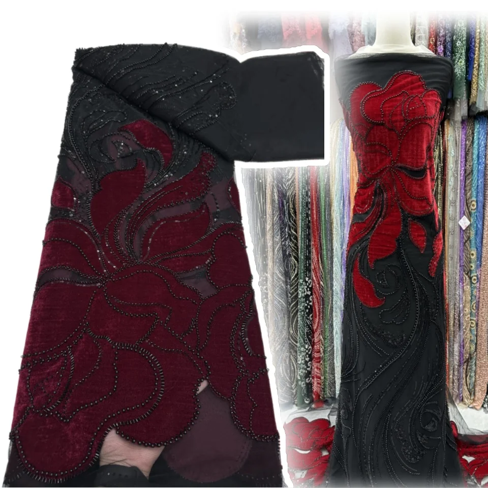 

Африканское Нигерийское высококачественное бархатное платье с блестками из французского тюля и кружевной ткани, нигерийское платье 5 ярдов для свадебной вечеринки, женское C1193